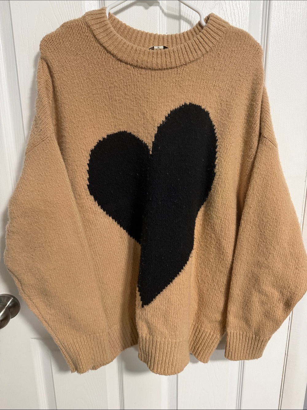 Camel Crewneck Sweater with Black Heart Motif